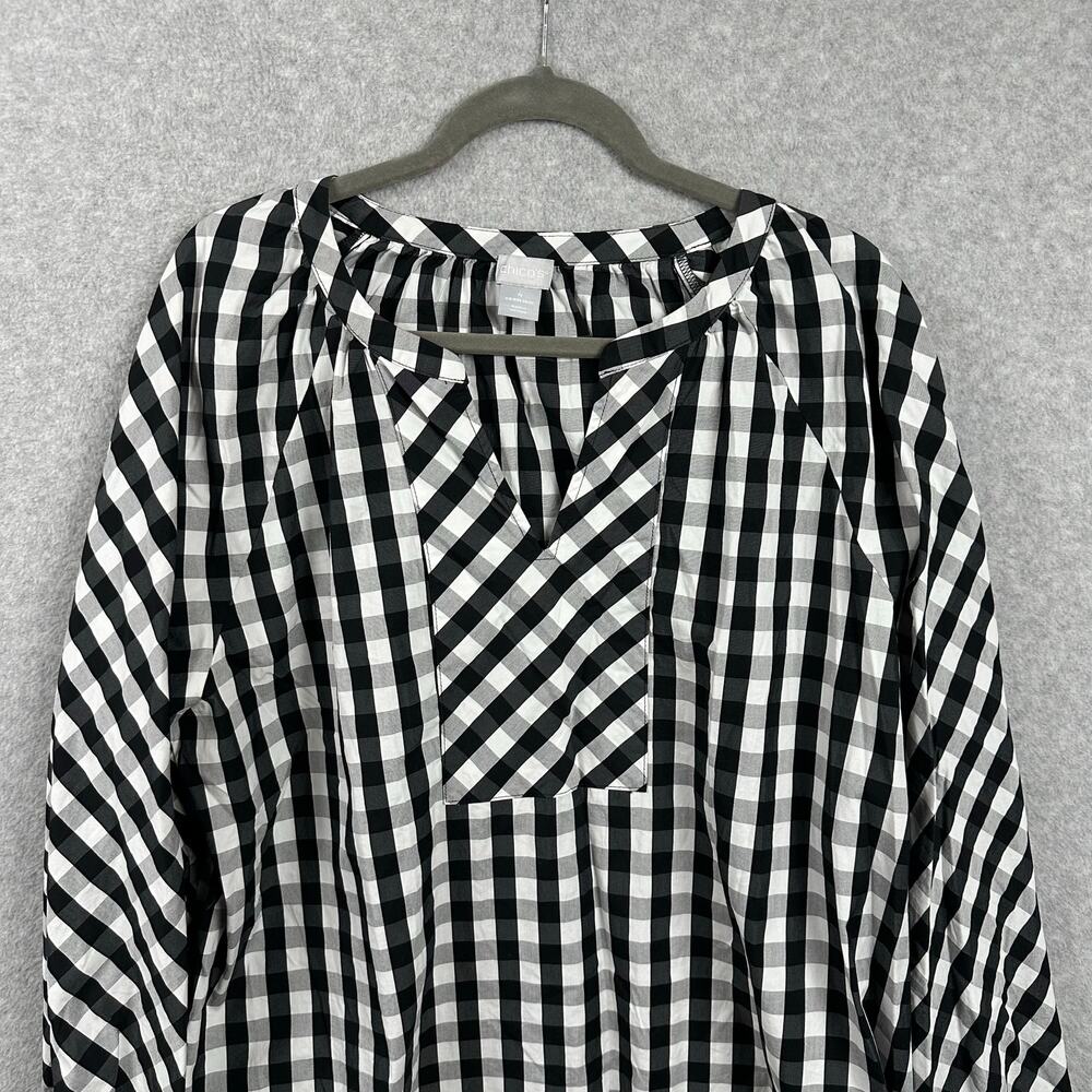 Chico's Poplin Blouse Size 4 (20/22) Black White Gingham Puff Sleeve Workwear - Picture 3 of 11